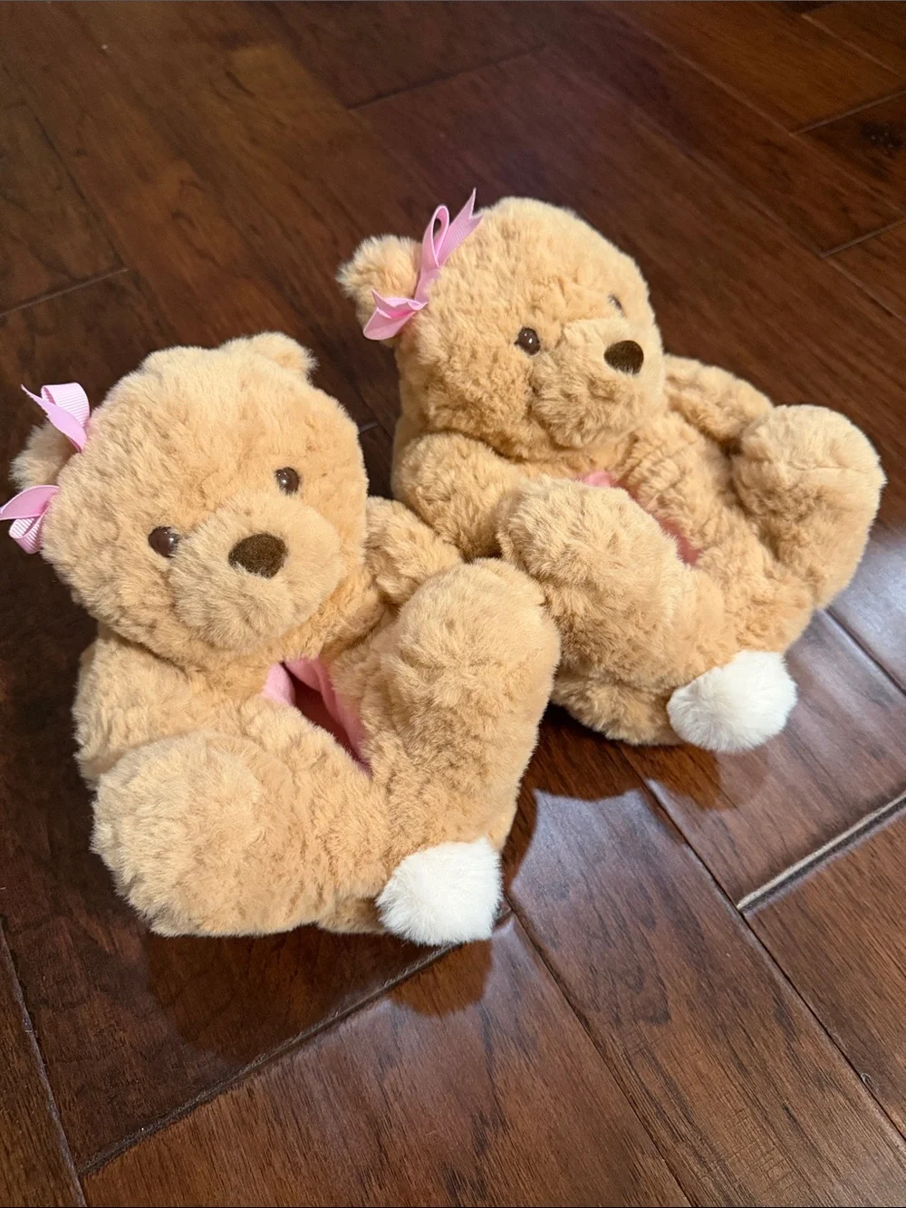Plush Beige Teddy Bear Kids Slippers with Pink Bow